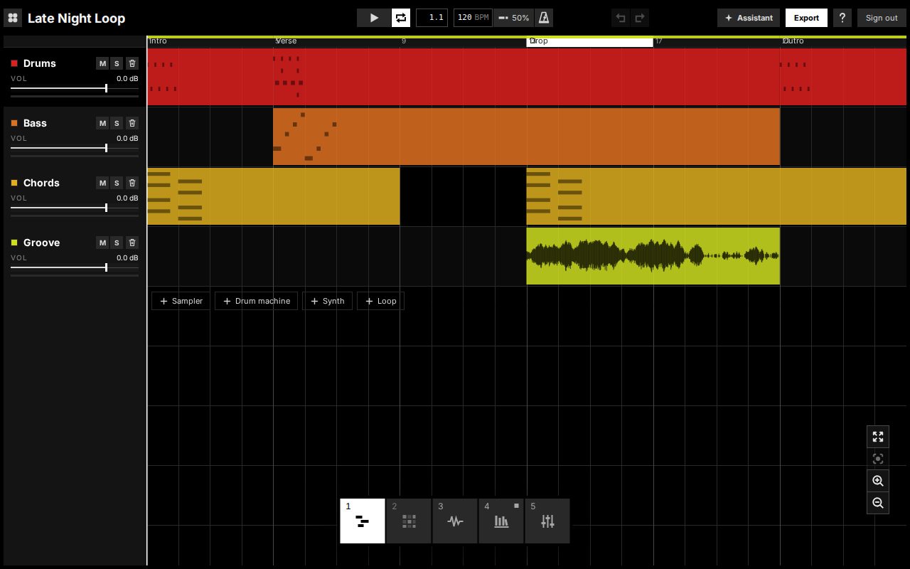 The arrangement: drums, bass, chords and a loop laid out across Intro, Verse, Drop and Outro sections.