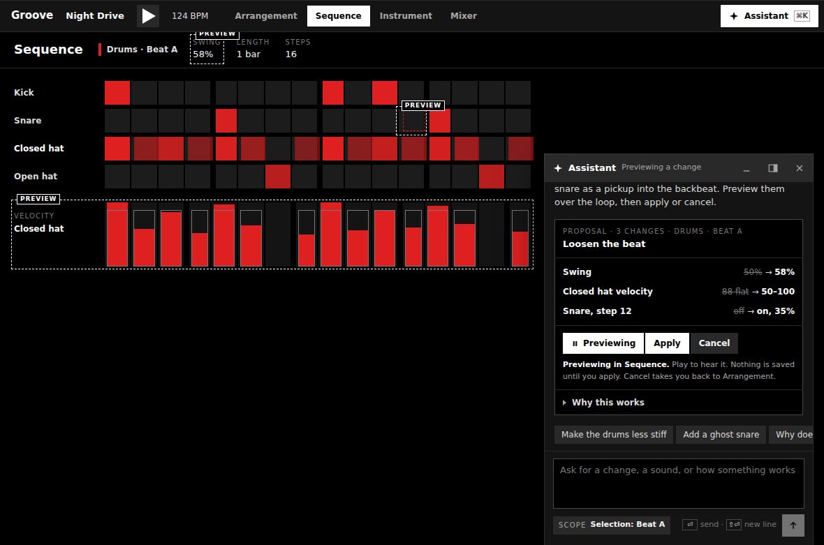 A design study of the AI producer's panel: it proposes three changes to a drum beat, previewed with dashed outlines, with Apply and Cancel.