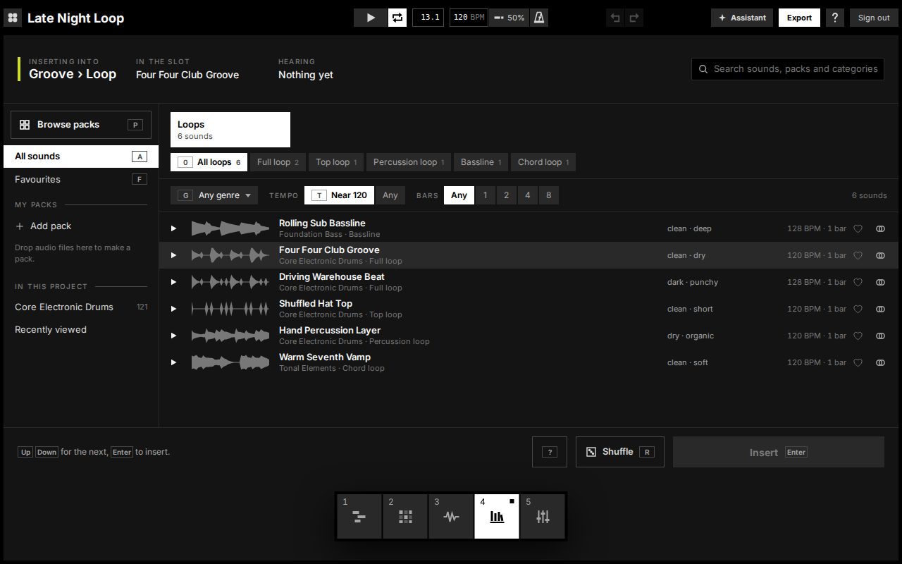 The library open on loops near the song's tempo of 120 BPM.
