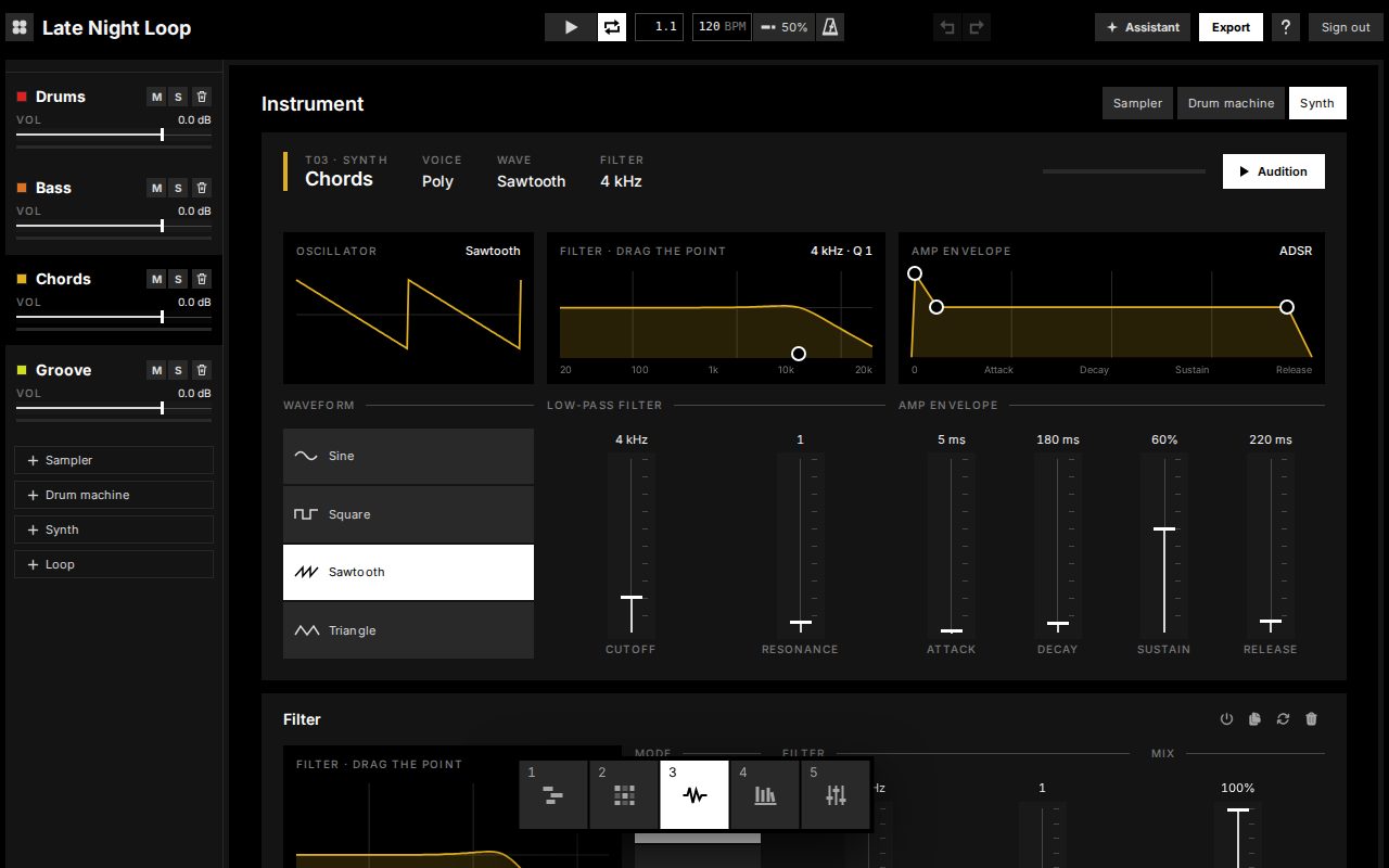 A synth's faceplate: its waveform, a filter curve and an amp envelope drawn above labelled faders.