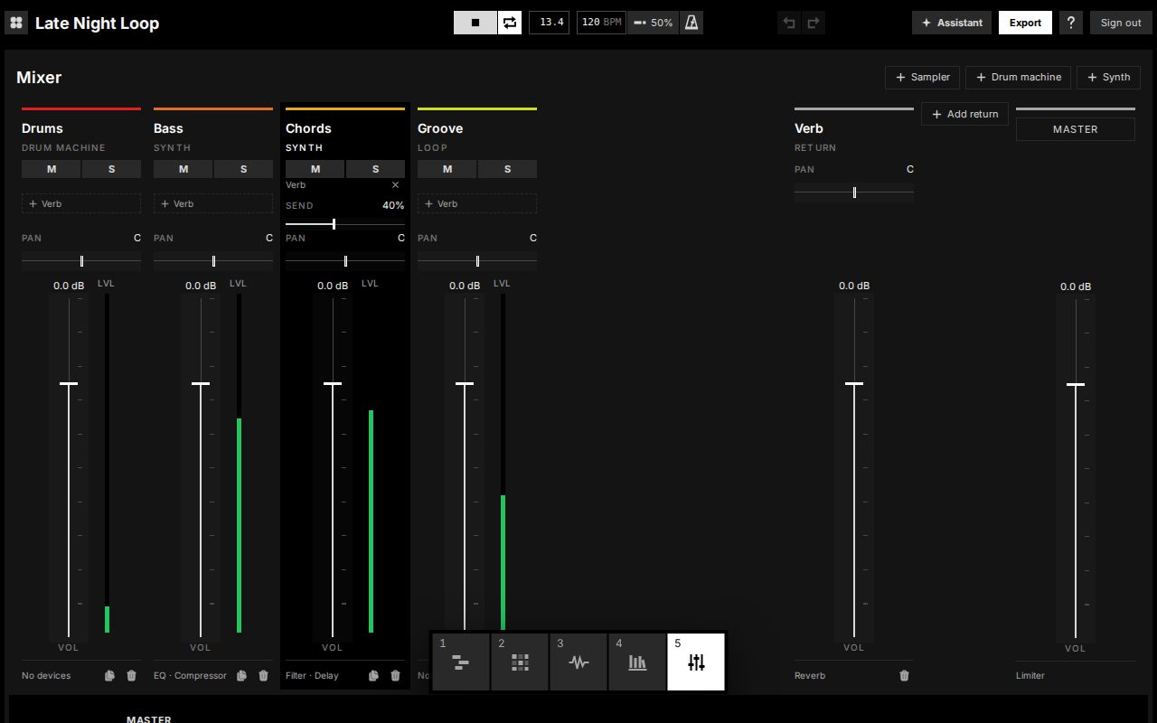 The mixer during playback: a strip per track with level meters, a reverb return and the master.